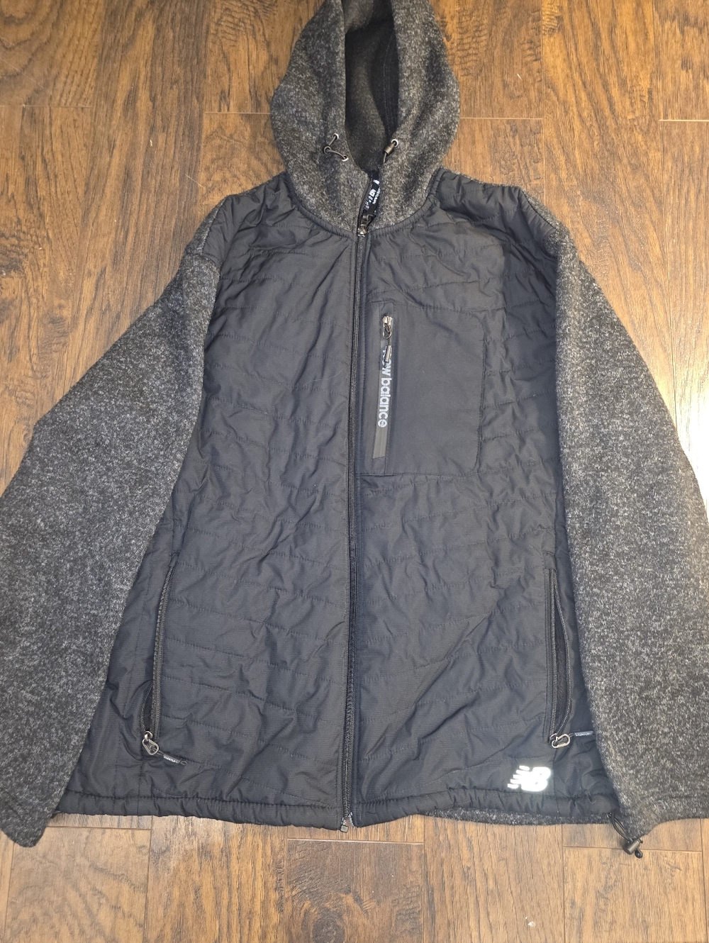 New Balance Men’s Black Quilted Body with Gray Knit Sleeve Hooded Jacket